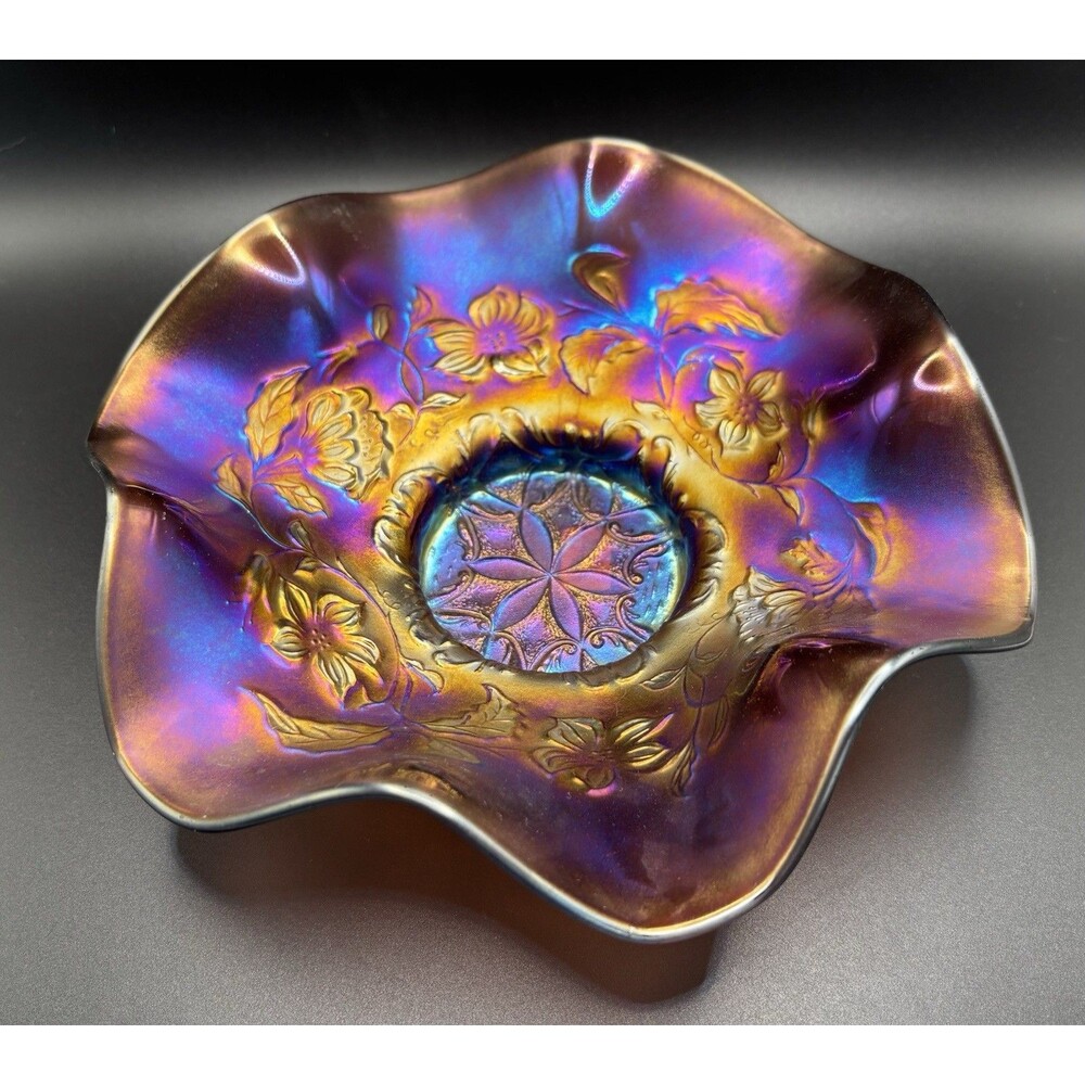 Dugan-Diamond Six Petals Carnival Glass Ruffled Bowl, Purple/Amethyst 7.5”